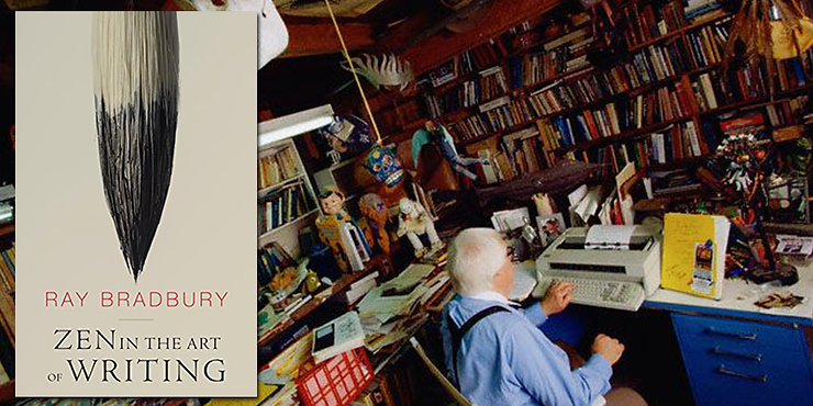 Photo of Ray Bradbury working in his office with the cover of his book Zen in the Art of Writing overlaid.