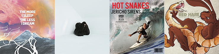 Four album covers next to each other: We Were Promised Jetpacks, Chelsea Wolfe, Hot Snakes, and Red Hare.