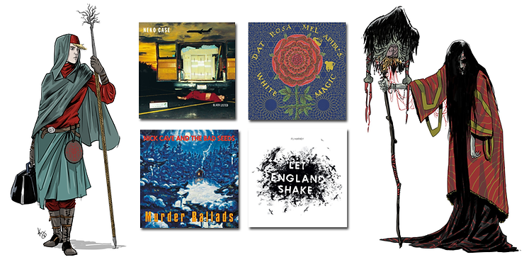 Concept art for Deep Red Thread by Kelly Williams, with the covers of four albums that inspire the story.