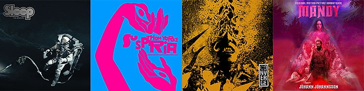 Four album covers next to each other: Sleep, the Suspiria soundtrack, Converge, and the Mandy soundtrack.