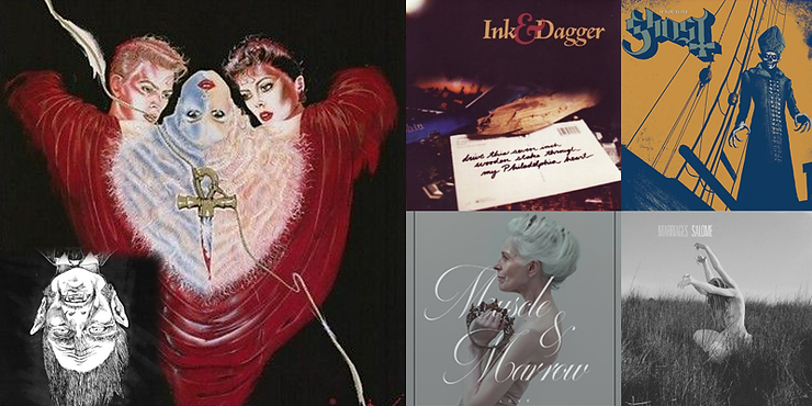 Cover art for the 1983 film The Hunger, next to four albums that inspired my short story “Nothing Left But Things."