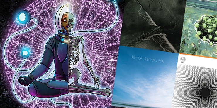 Concept art for DEADLAST by Brandon Daniels, overlaid with four album covers that inspired the story.